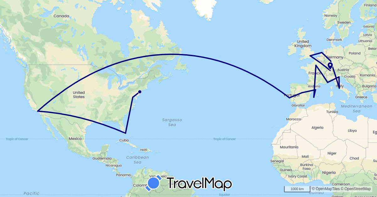 TravelMap itinerary: driving in Switzerland, Germany, Spain, France, United Kingdom, Italy, Monaco, Netherlands, Portugal, United States (Europe, North America)